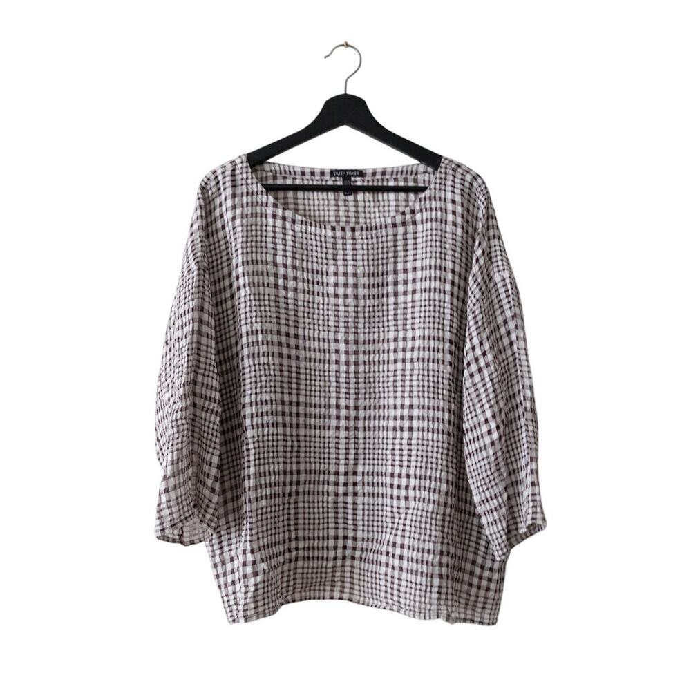 Eileen Fisher Linen Cotton Crinkle Brown Plaid Relaxed Fit Top Lagenlook Size XL